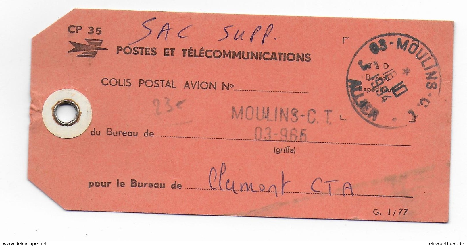 1994 - ETIQUETTE De SAC COLIS POSTAL De MOULINS CT (ALLIER) => CLERMONT CTA - 1961-....