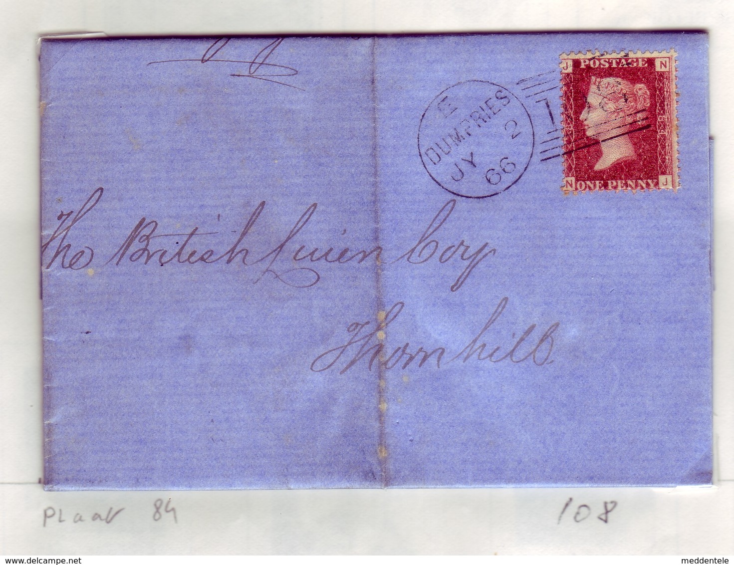 GB QV Scotland Cancel 108 DUMFRIES  Plate 86 July 2 1866 To THORNHILL Lettered JN/NJ Very Fine/Clean - Briefe U. Dokumente