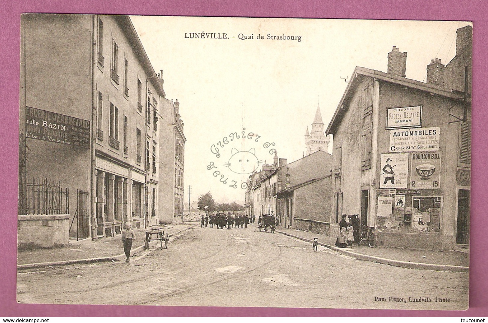 Cpa Luneville Quai De Strasbourg - Belles Pubs Automobile, Bouillon BOL - édit. Paul Ritter- 2 Scans - Luneville