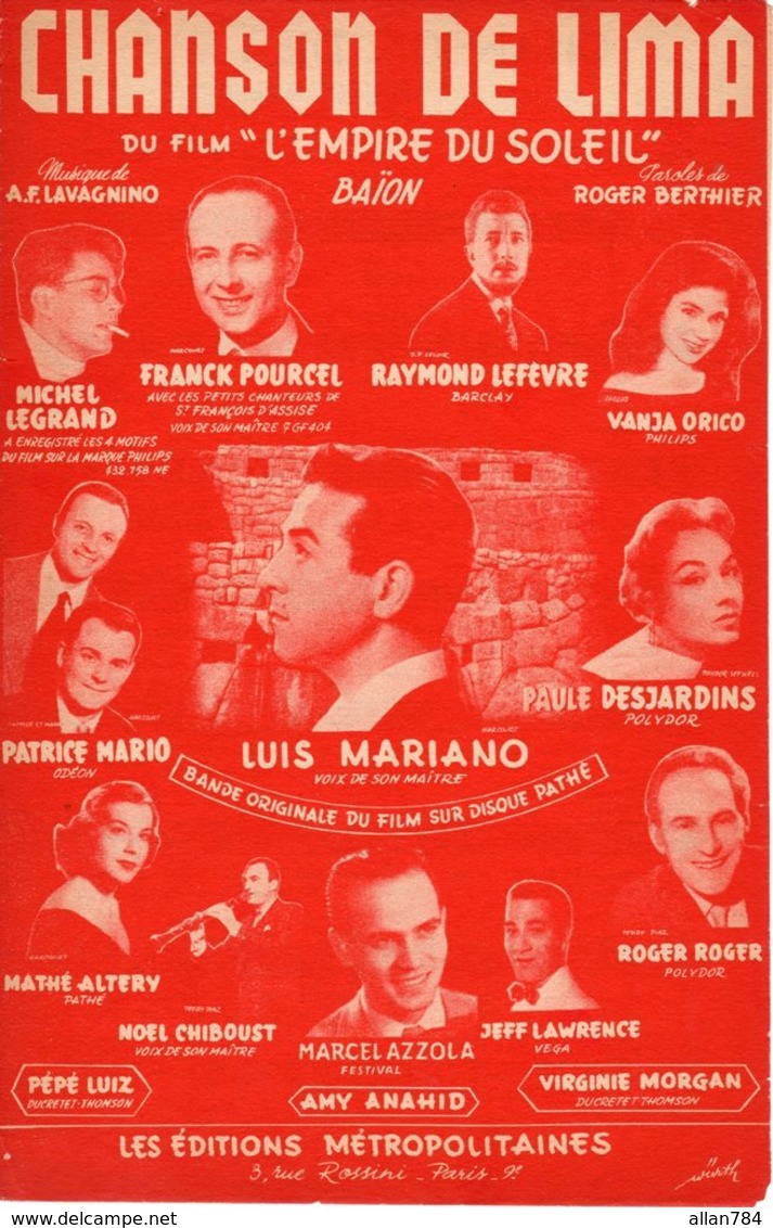 PARTITION CHANSON DE LIMA - DU FILM L'EMPIRE DU SOLEIL - LEGRAND POURCEL LEFEVRE MARIANO - 1957 - EXC ETAT PROCHE NEUF - - Componisten Van Filmmuziek