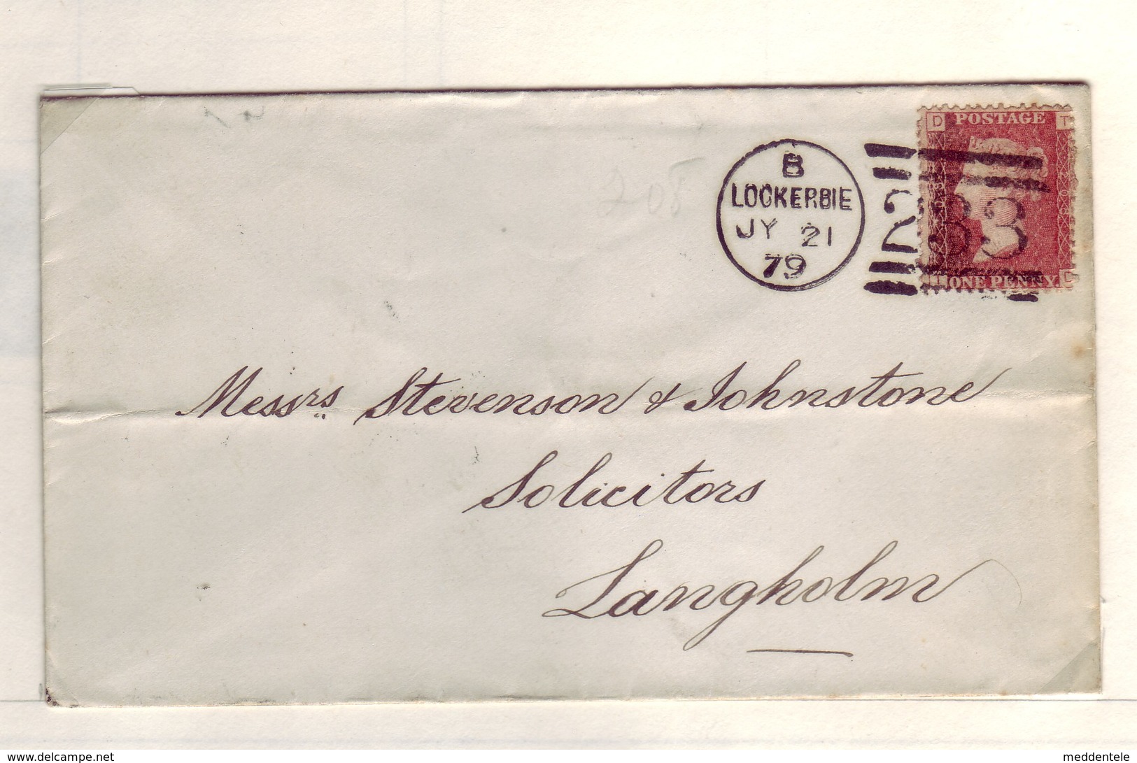 GB QV Scotland Cancel 233 LOCKERBIE  Plate 208 July 21, 1879 To LANGHOLM Lettered DT/TD NICE/Clean - Lettres & Documents