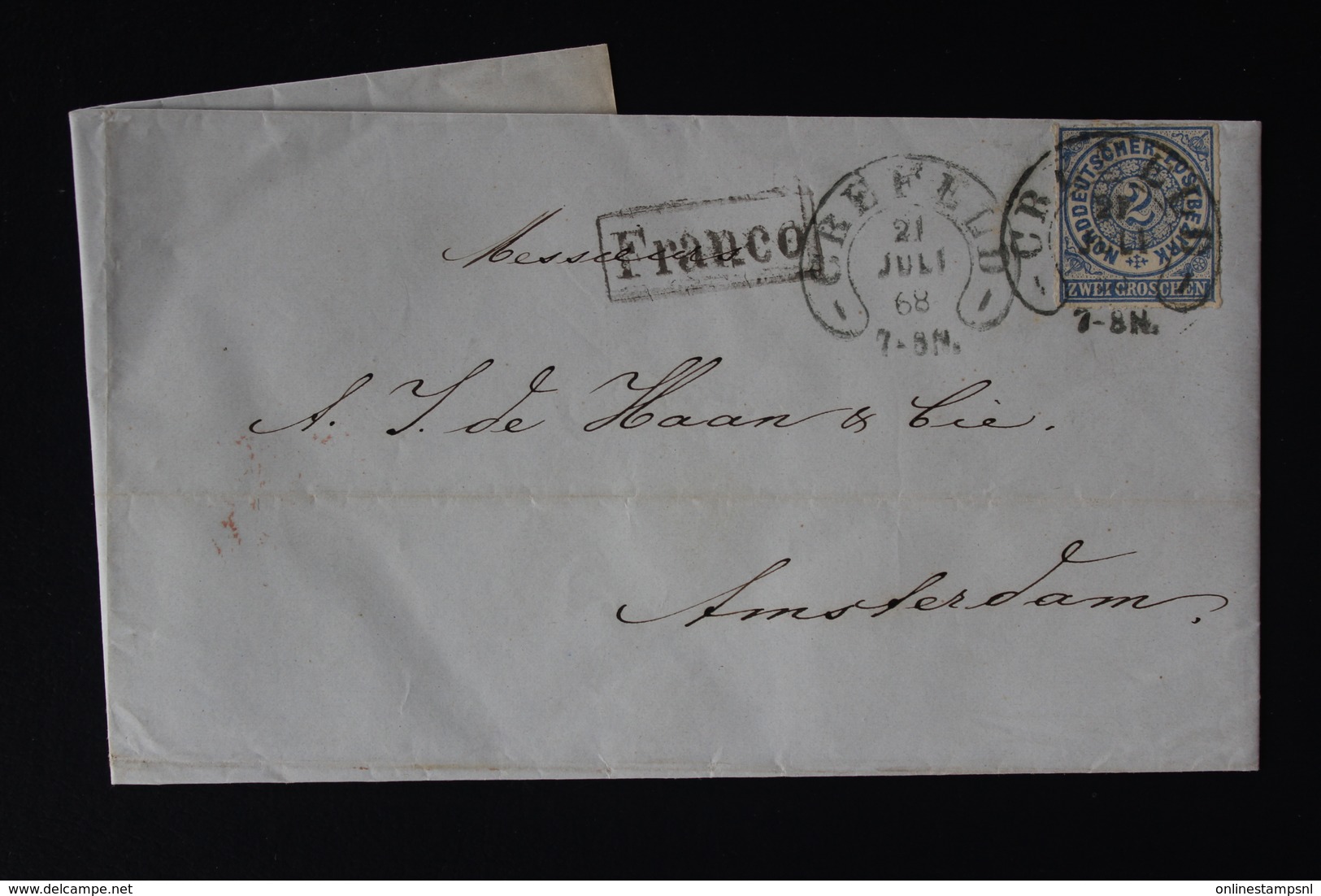 NORDDEUTSCHER BUND : COMPLETE LETTER CREFELD -> AMSTERDAM 1868  MI 8  HUFEISENSTEMPEL - Sonstige & Ohne Zuordnung