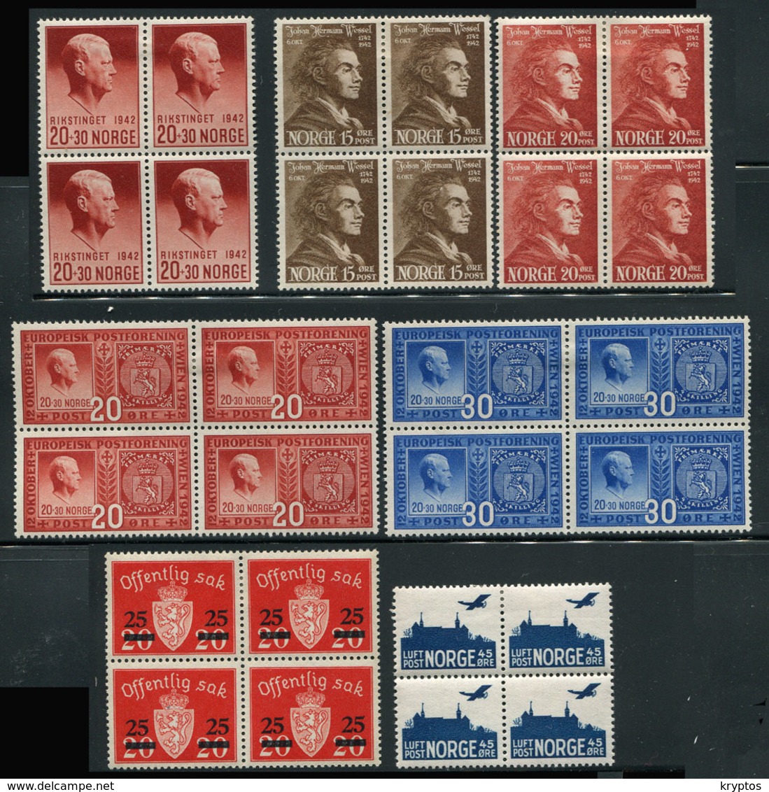 Norway. 7 Different Blocks Of 4 */** - Verzamelingen