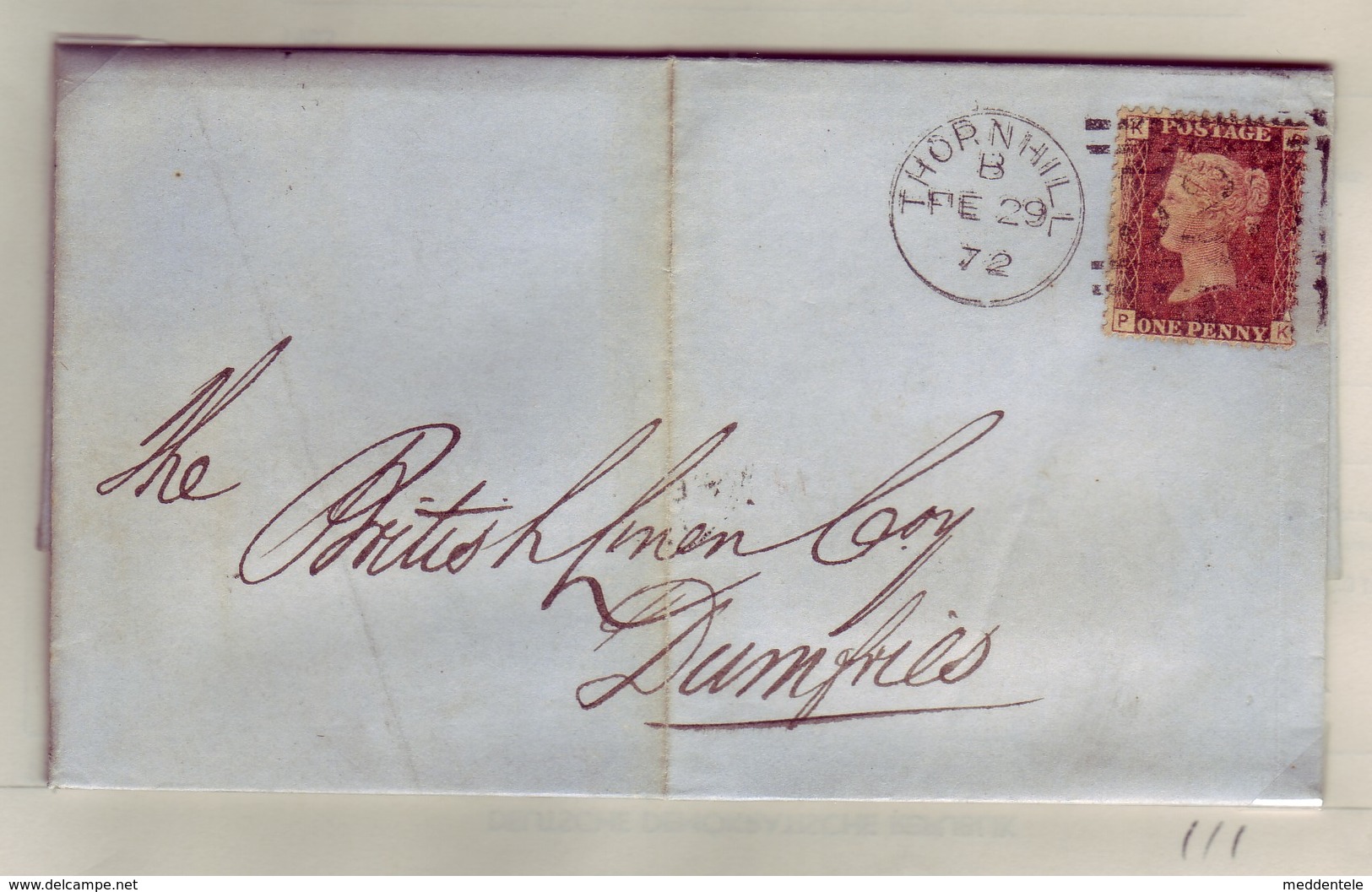 GB QV Scotland Cancel 323 THORNHILL Plate 111, 29 February 1872 To DUMFRIES Lettered KP/PK NICE/Clean - Briefe U. Dokumente