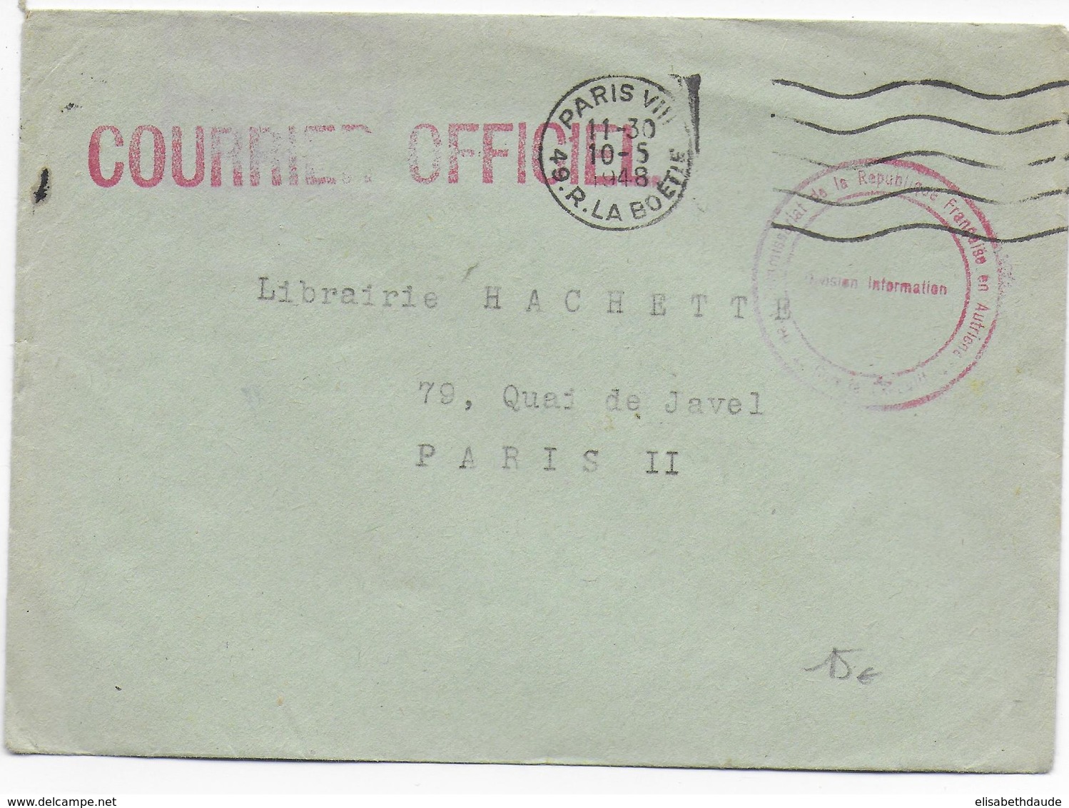 1948 - AUTRICHE - ENVELOPPE COURRIER OFFICIEL Du COMMISSARIAT FRANCAIS DIVISION INFORMATION => PARIS - Guerre De 1939-45