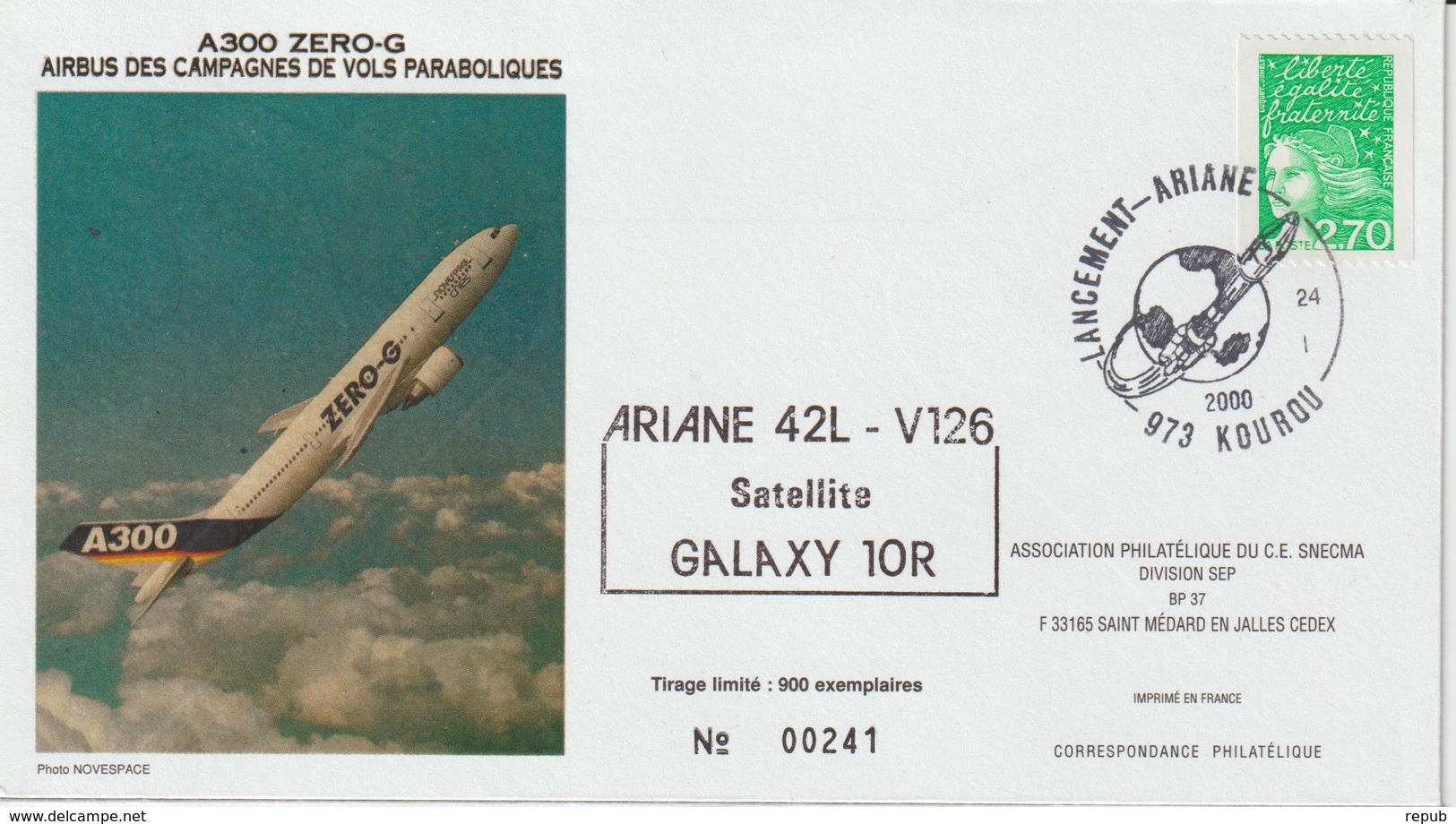 France Kourou 2000 Lancement Ariane Vol 126 - Gedenkstempel