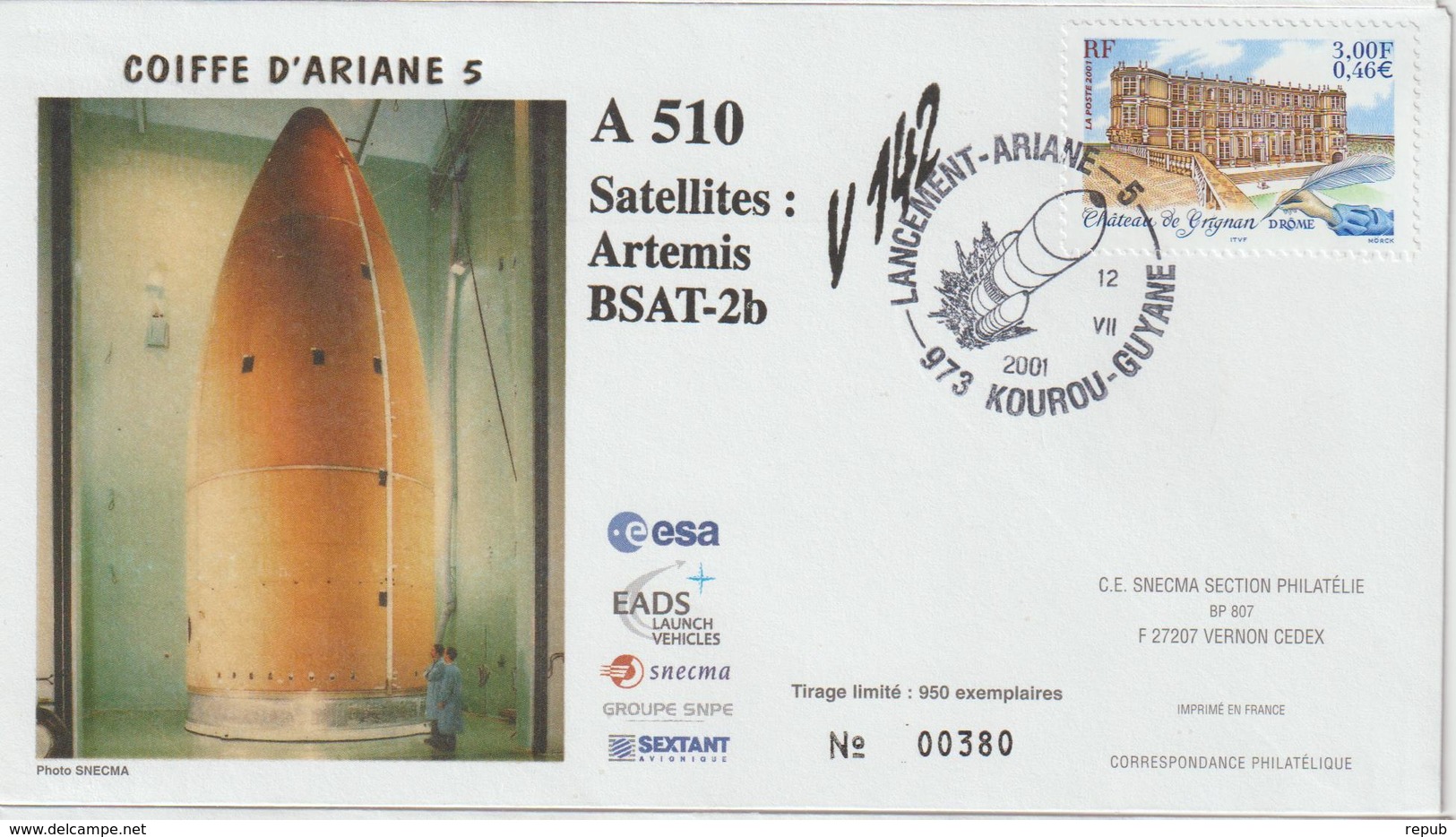 France Kourou 2001 Lancement Ariane Vol 142 - Cachets Commémoratifs