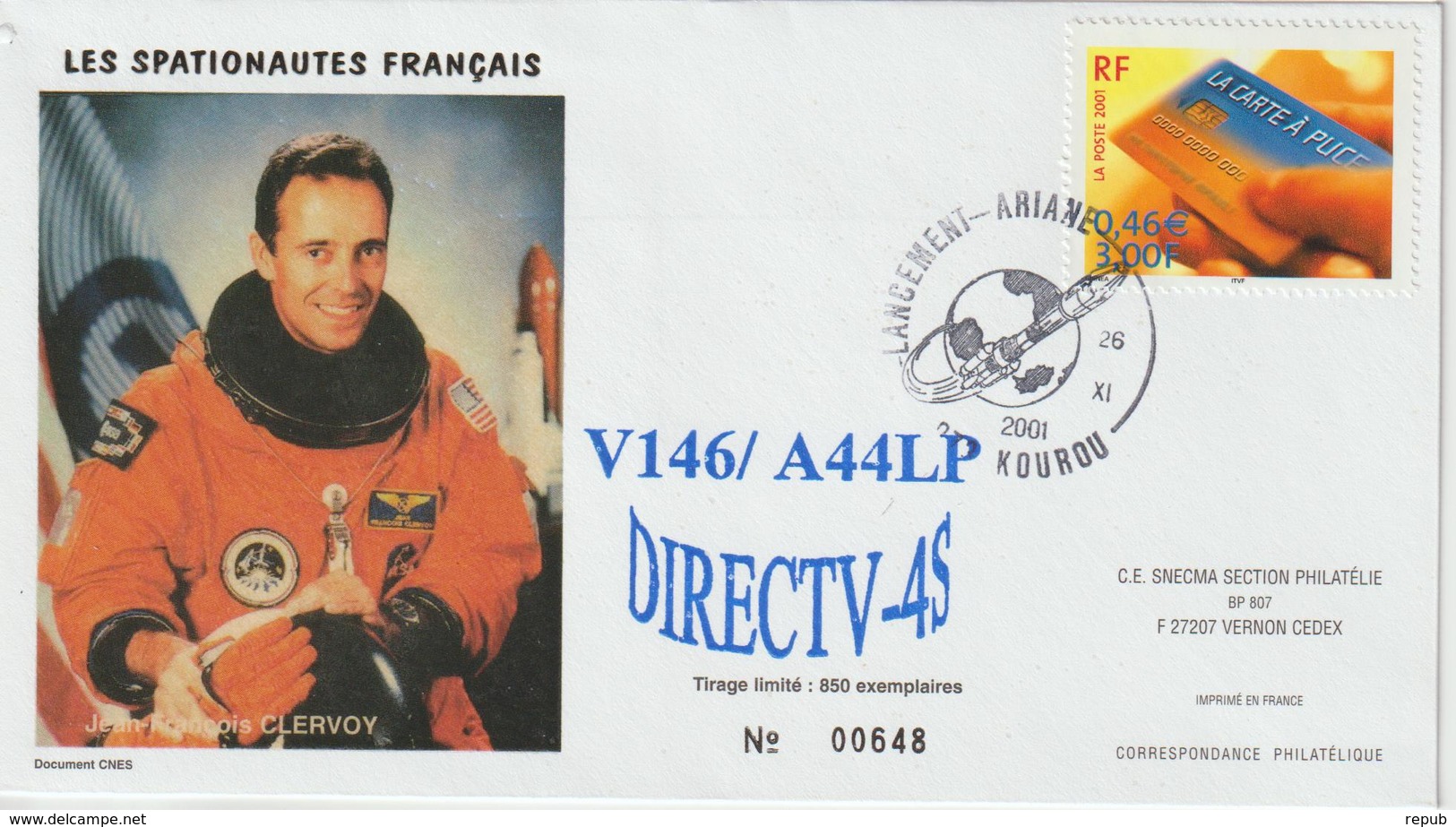 France Kourou 2001 Lancement Ariane Vol 146 - Cachets Commémoratifs