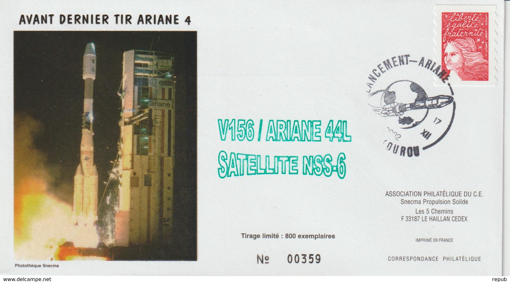 France Kourou 2002 Lancement Ariane Vol 156 - Matasellos Conmemorativos