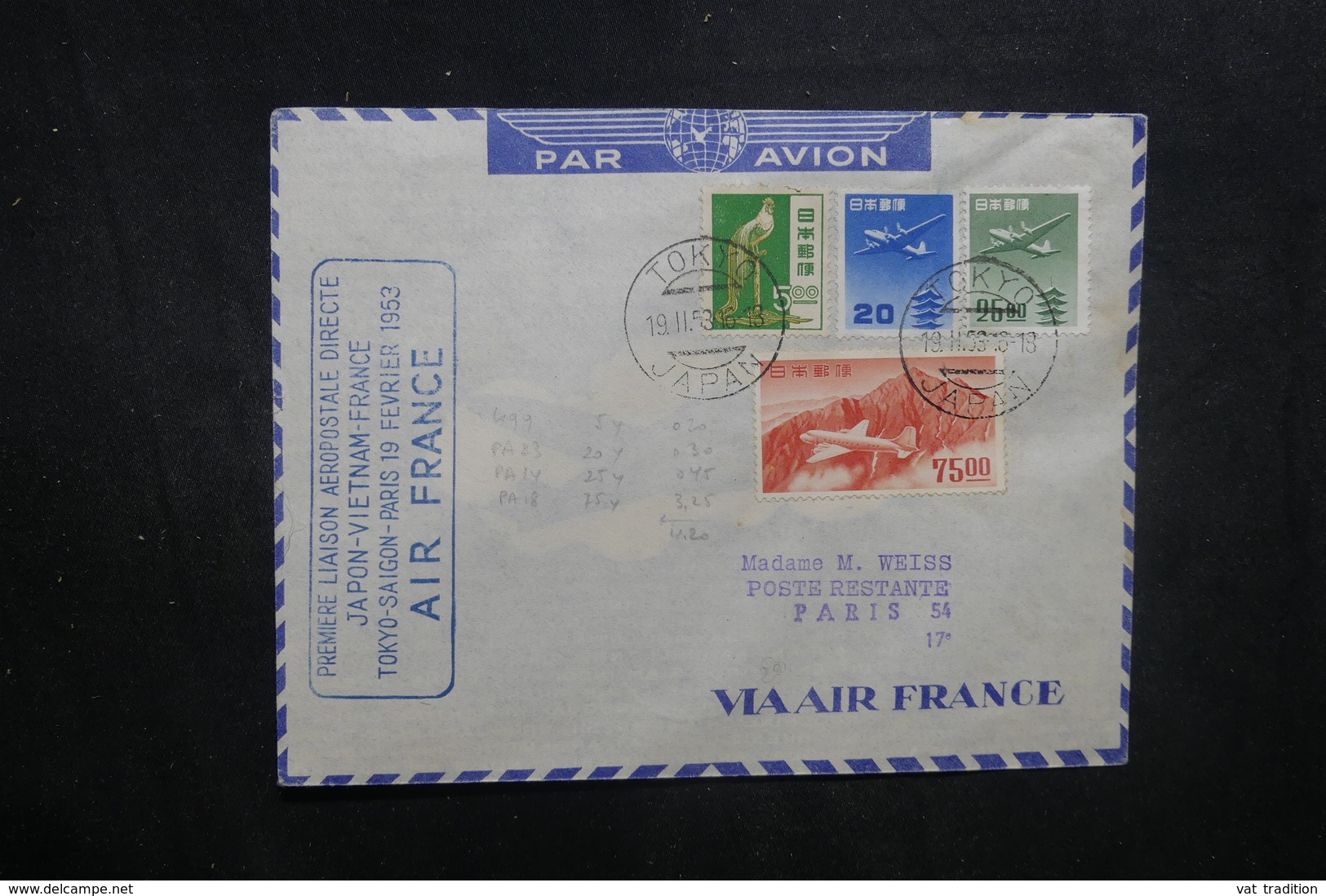 JAPON- Enveloppe Du 1er Vol Tokyo / Saïgon / Paris Par Air France En 1953, Affranchissement Plaisant - L 40457 - Briefe U. Dokumente