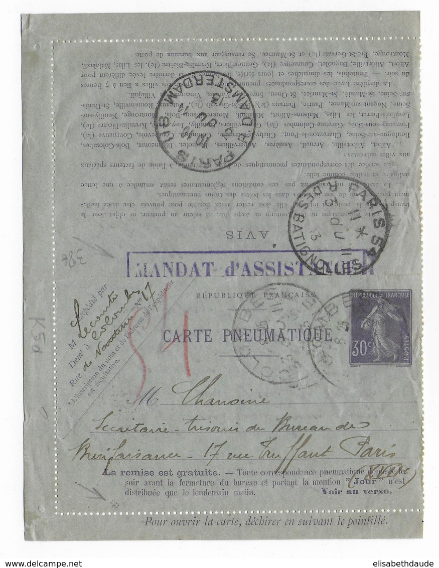 1913 - CARTE-LETTRE ENTIER PNEUMATIQUE De PARIS (MANDAT) TYPE SEMEUSE AVEC BORDS BAS ET GAUCHE - Pneumatic Post