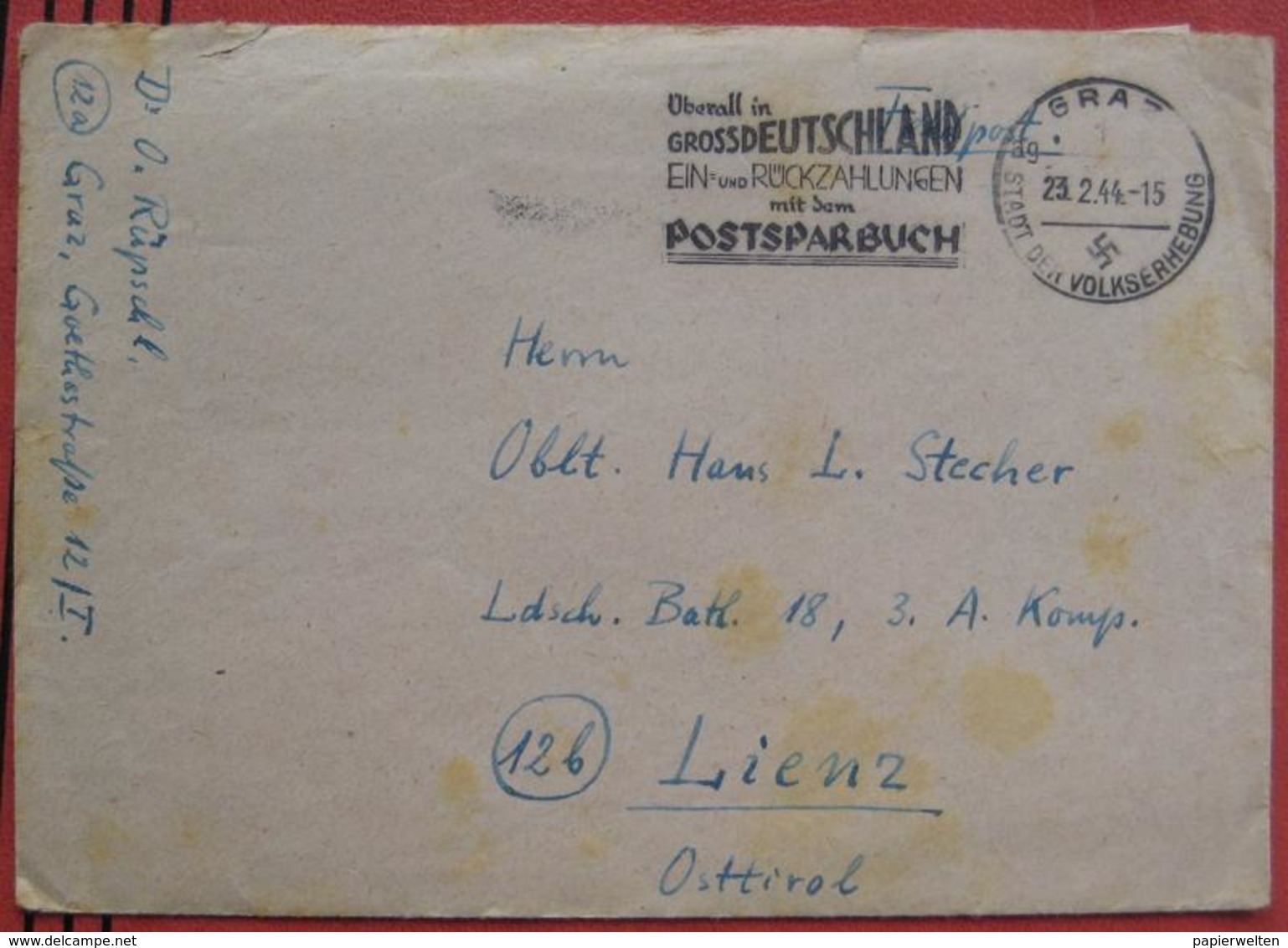 8010 Graz - Werbestempel "Überall In Grossdeutschland Ein- Und Rückzahlungen Mit Dem Postsparbuch" 1944 / Feldpost - Franking Machines (EMA)