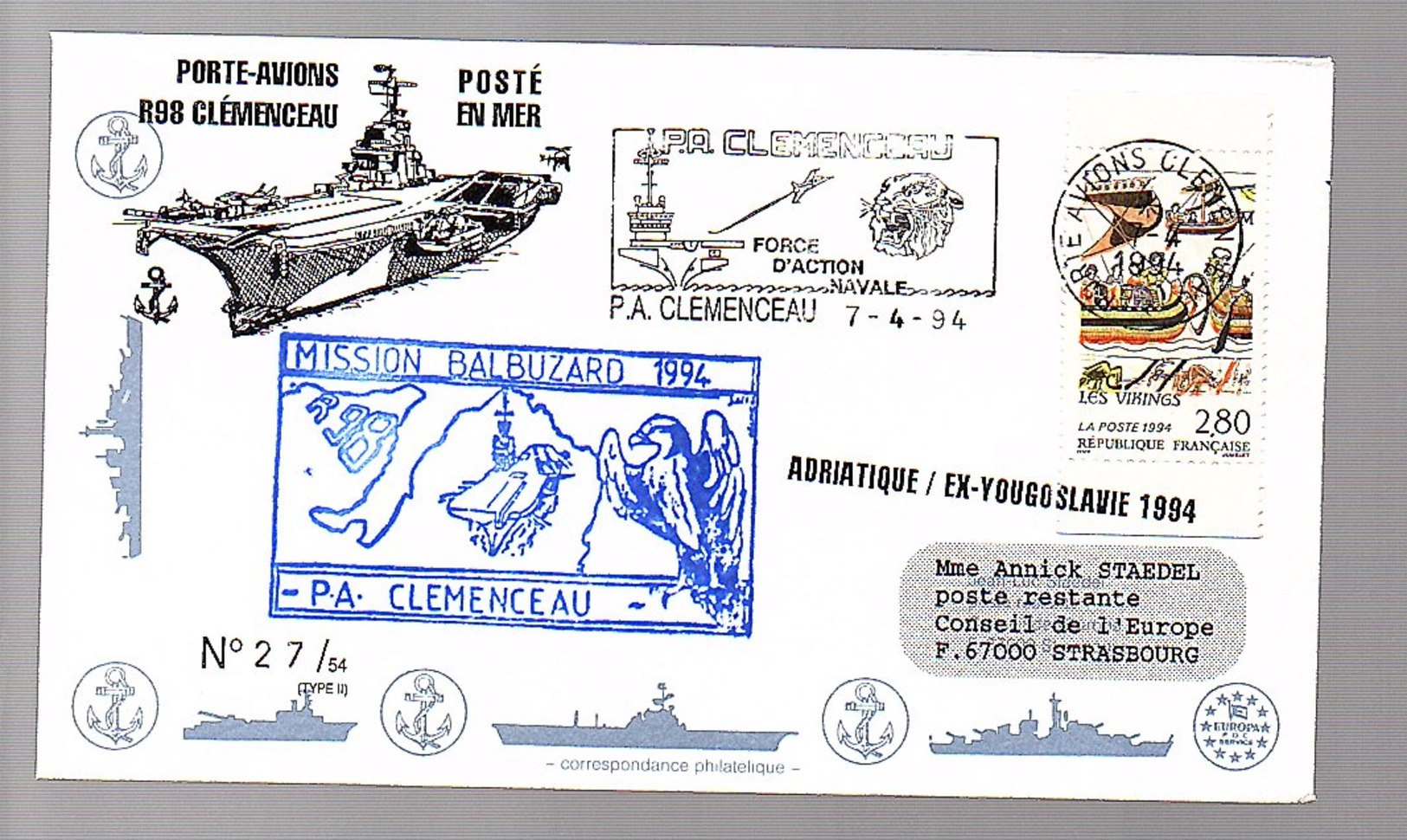 Porte-avions R98 Clémenceau Miission Balbuzard 1994 Adriiatiique Ex-Yougoslavia (201) - Lettres & Documents