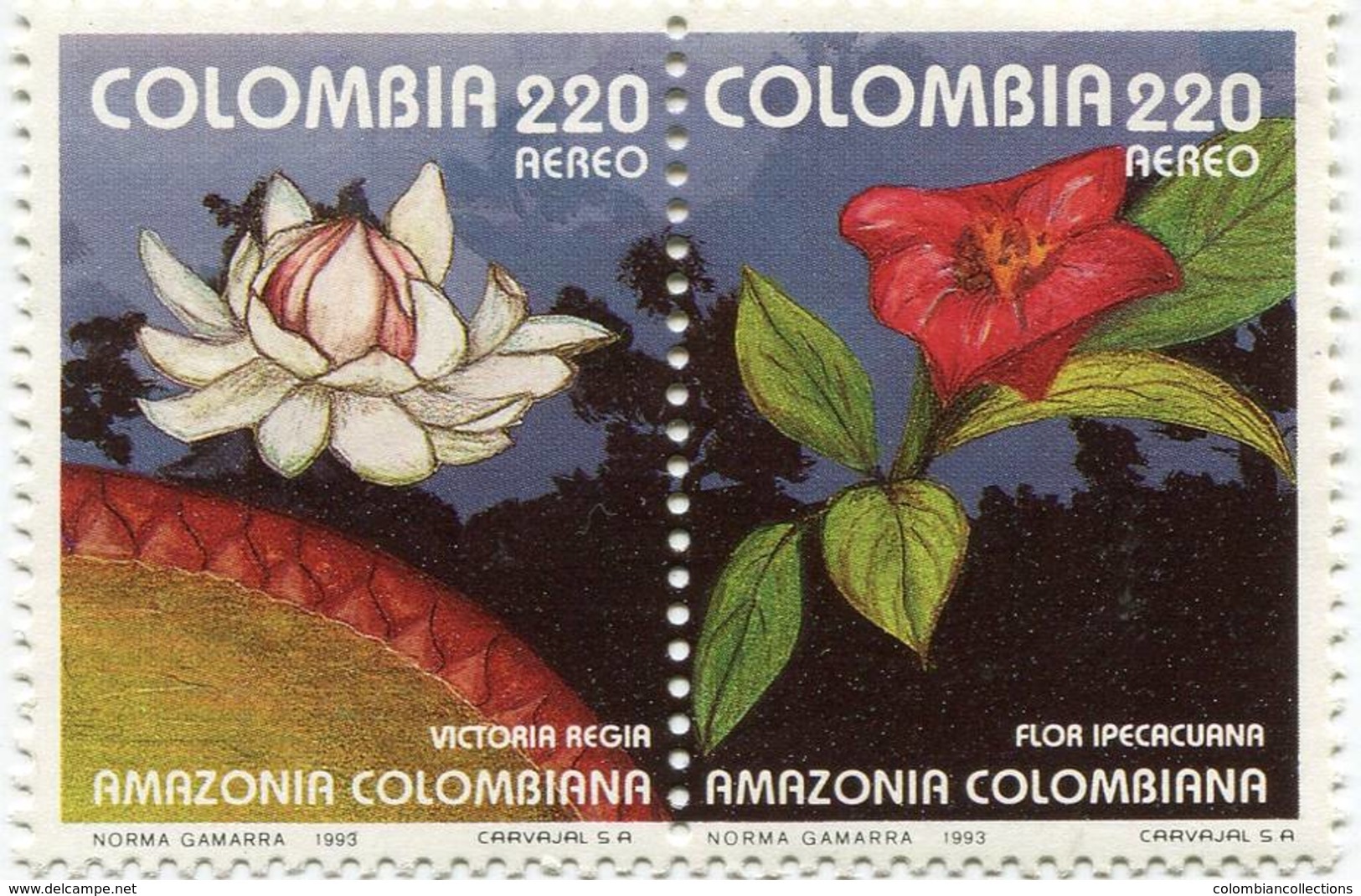 Lote 26ia, Colombia, 1993, Sello, Stamp, 2v, Amazonia Colombiana, Flora, Victoria Regia, Ipecacuana - Colombia