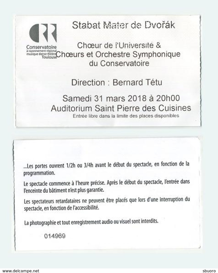 Ticket Concert Stabat Mater De Dvorak - Auditorium Saint Pierre Des Cuisines à Toulouse - 2018 - Concert Tickets