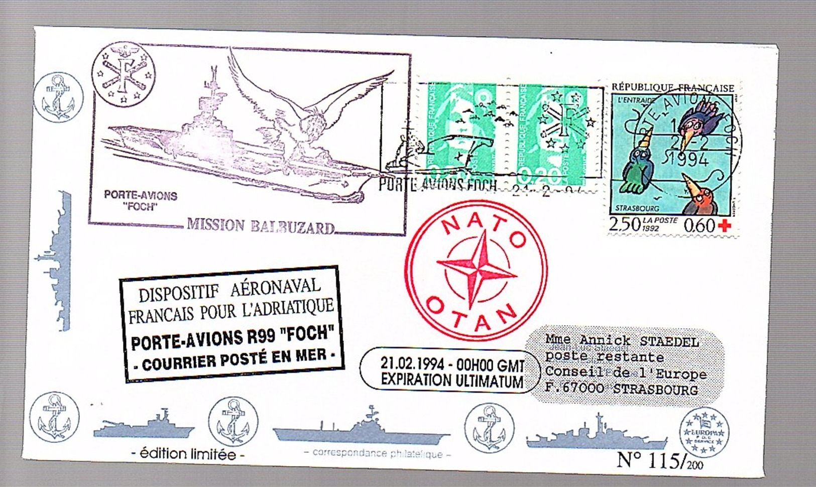 R99 FOCH Mission Balbuzard NATO Otan (209) - Lettres & Documents