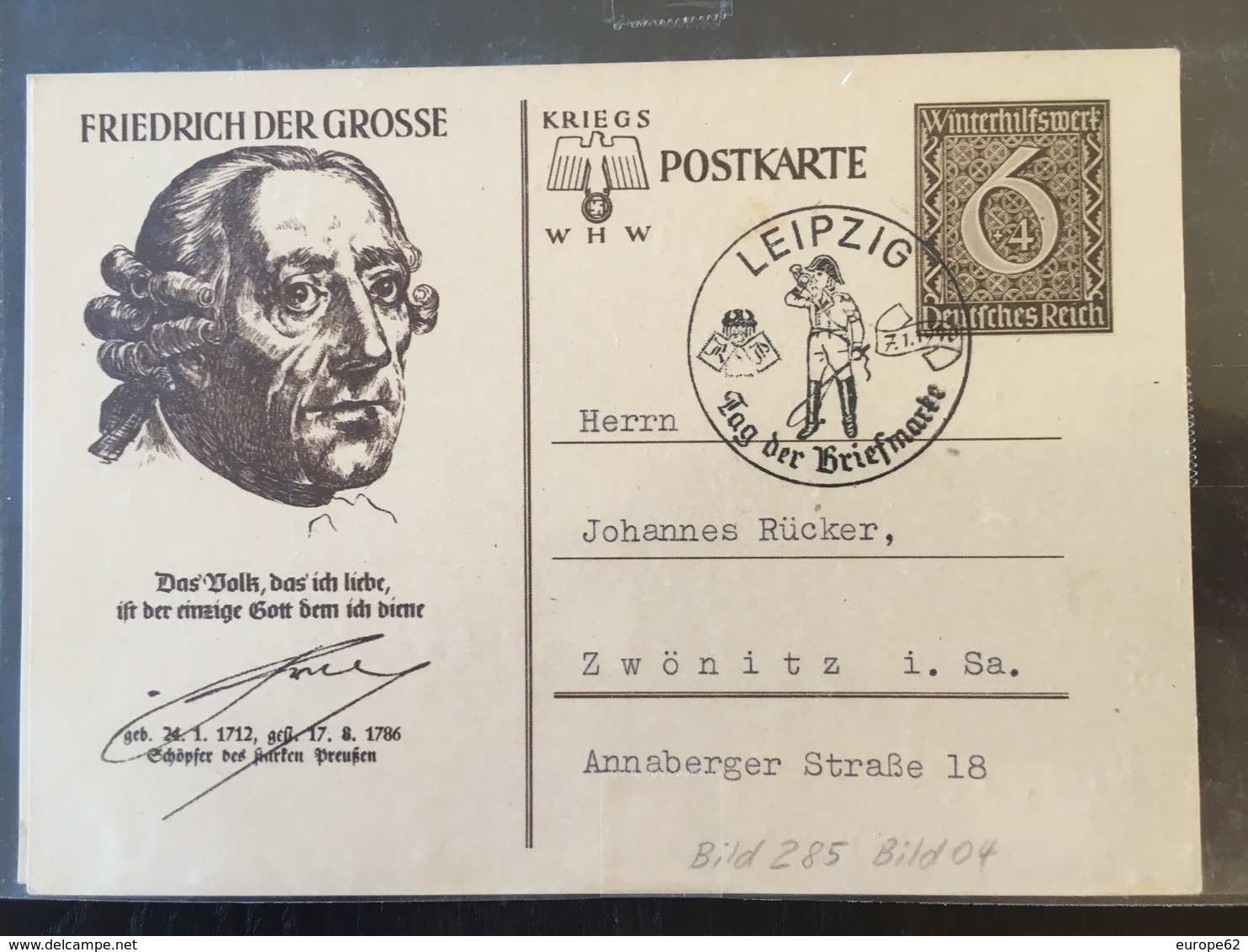 Entier Postal Tag Der Briefmarke Leipzig 1940 Friedrich Der Grosse Postkarte WHW Frédéric Le Grand - Storia Postale