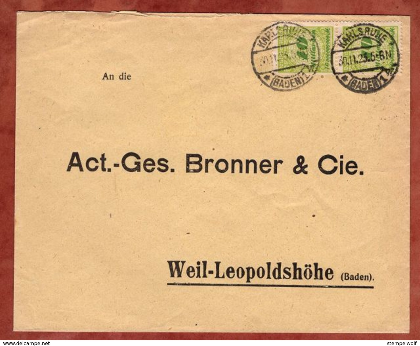 Antwortumschlag Bronner Weil-Leopoldshoehe, Korbdeckelmuster, Ab Karlsruhe 1923 (78105) - Storia Postale