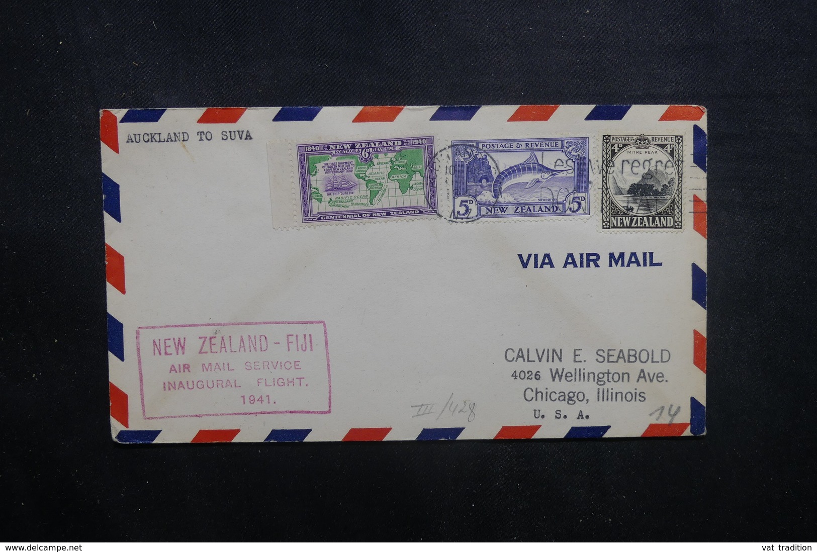 NOUVELLE ZÉLANDE - Enveloppe 1er Vol New Zéland / Fiji En 1941, Affranchissement Plaisant - L 40535 - Cartas & Documentos