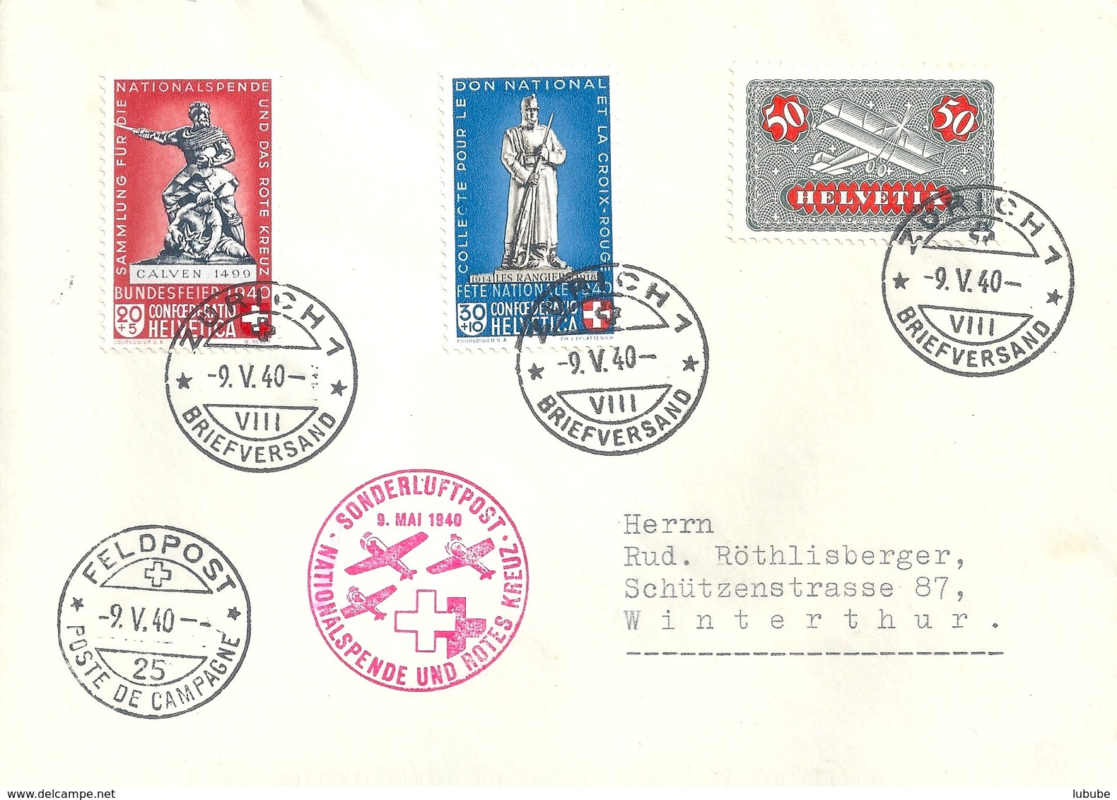 Sonderluftpost  "Nationalspende Und Rotes Kreuz"  Zürich           1940 - Covers & Documents