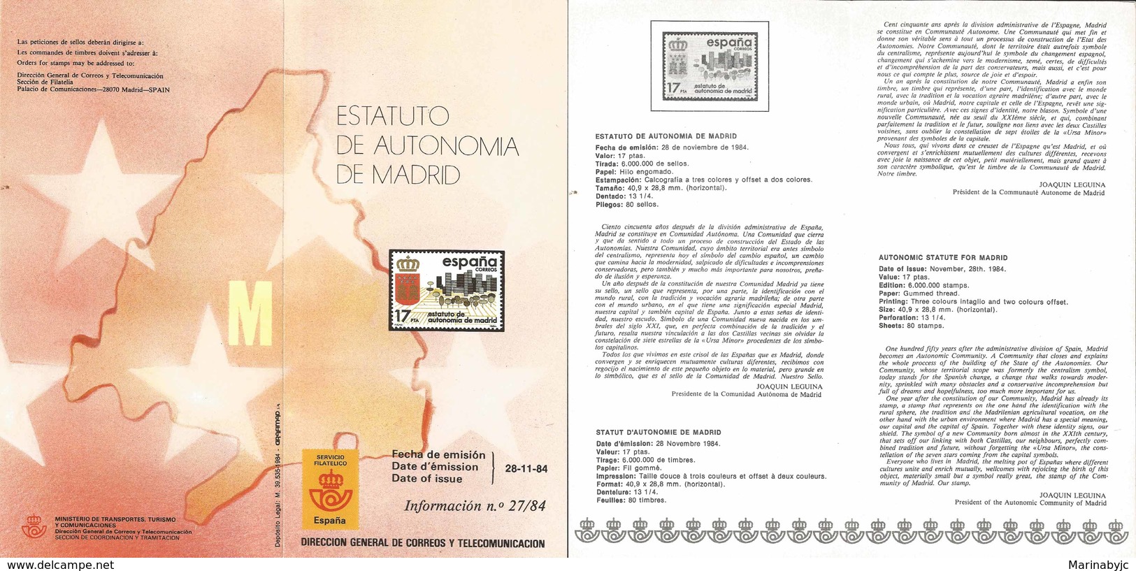 V) 1984 SPAIN, AUTONOMIC STATUTE FOR MADRID, FDB - Neufs