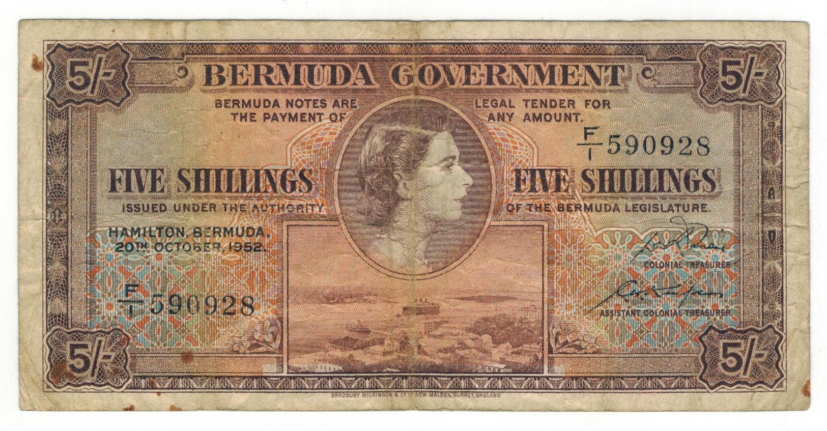 Bermuda  5 Shillings ,1952. VF. - Bermuda
