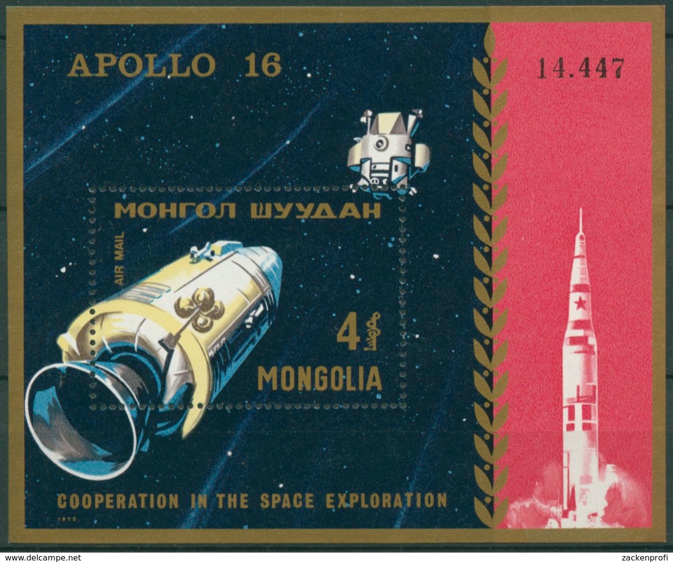 Mongolei 1972 Raumfahrt: Apollo 14 Mutterschiff Block 27 Postfrisch (C6829) - Mongolia