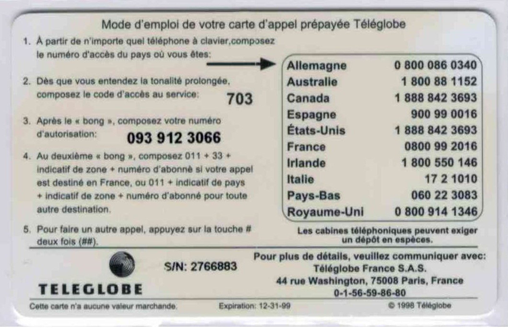 TELEGLOBE 20 Units RARE - Demandez-nous Le Monde - Voir Scans - Autres & Non Classés