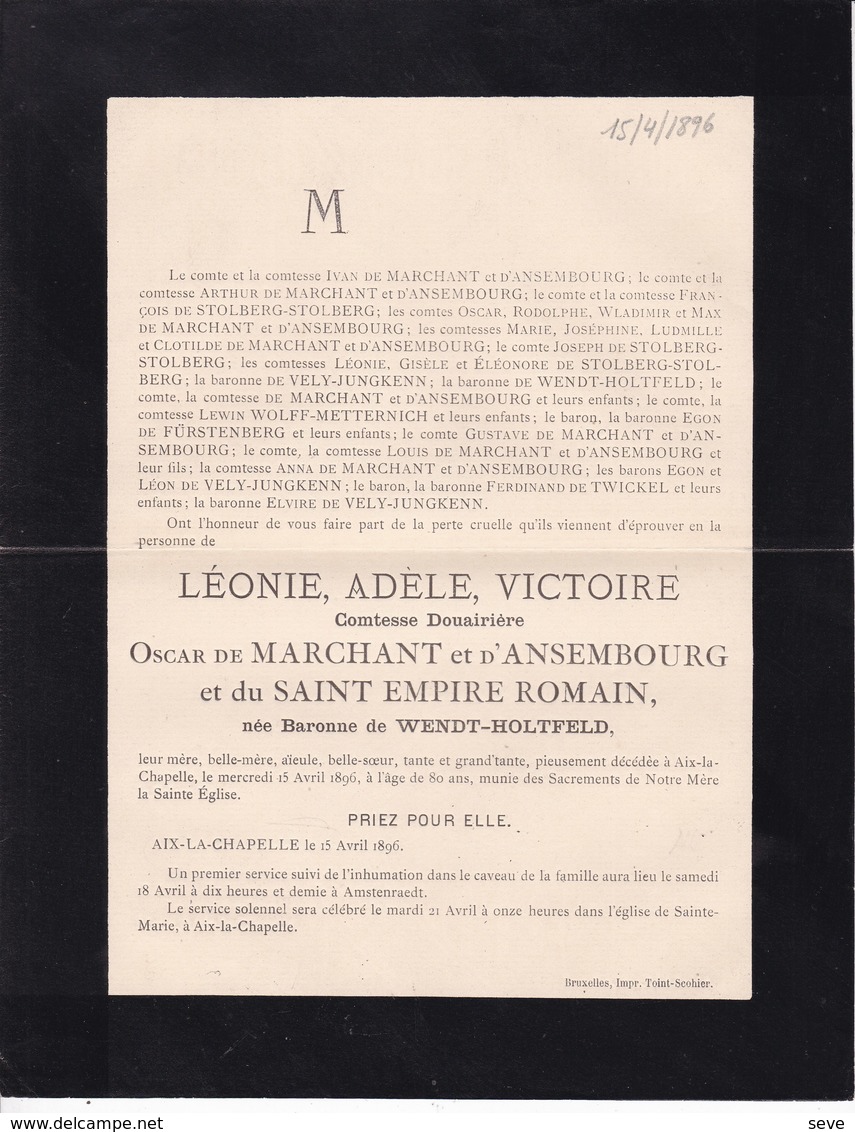 AIX-la-CHAPELLE Léonie Baronne De WENDT-HOLTFELD 80 Ans 1896 Comtesse De MARCHANT D'ANSEMBOURG AMSTENRAEDT - Décès