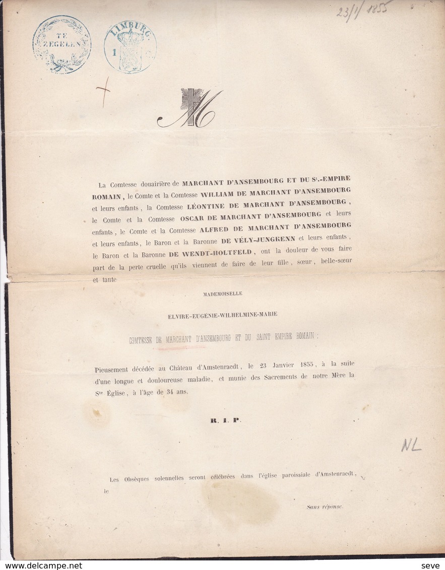 AMSTENRAEDT Elvire Comtesse De MARCHANT Et D'ANSEMBOURG 34 Ans 1855 Famille De WEND-HOLTFELD - Décès