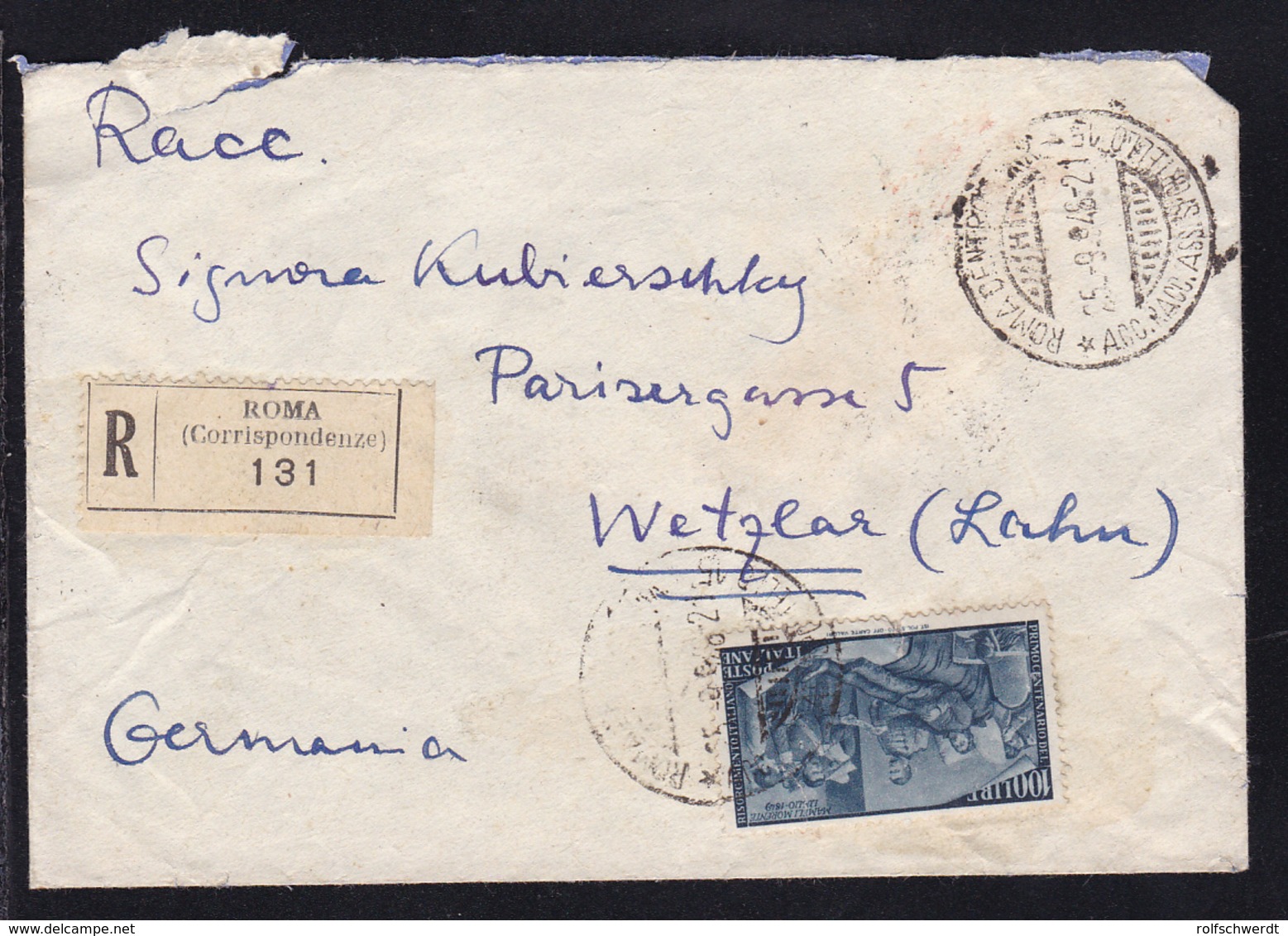 AMB. ROMA-MILANO 157 *C* 25.9.48 Rs Auf R-Brief Ab Rom Nach Wetzlar,  - Autres & Non Classés