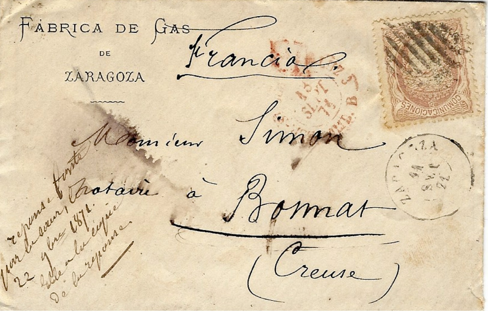 1871- Enveloppe De ZARAGOZA  Affr.  Y & T   N°106   Pour La France - Cartas & Documentos