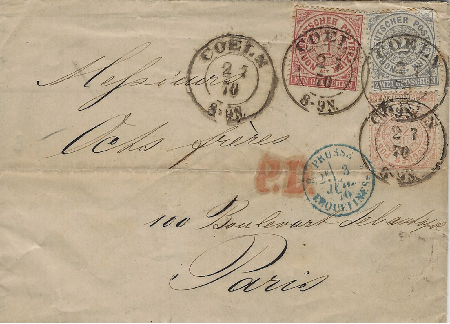 1870- Letter From COELN Fr.  N°3 +4 +5  To Paris - Altri & Non Classificati