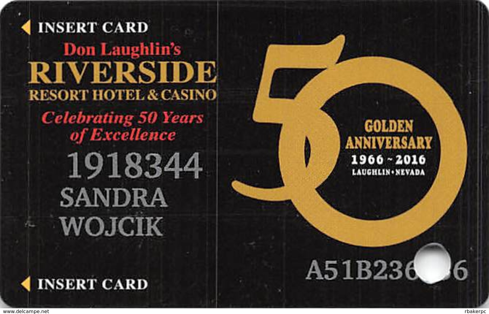 Riverside Casino - Laughlin NV - 50th Anniv Slot Card With P756938 Over Mag Stripe - Casino Cards