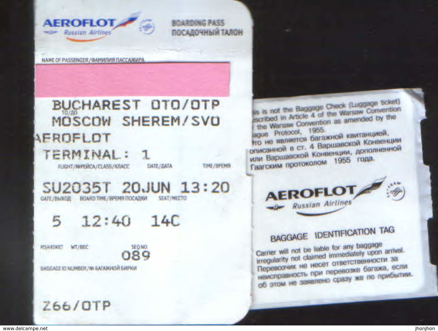 Russian Airlines Aeroflot Boarding Pass - Bucharest Otopeni To Moscow Sheremetievo  - 2/scans - Boarding Passes