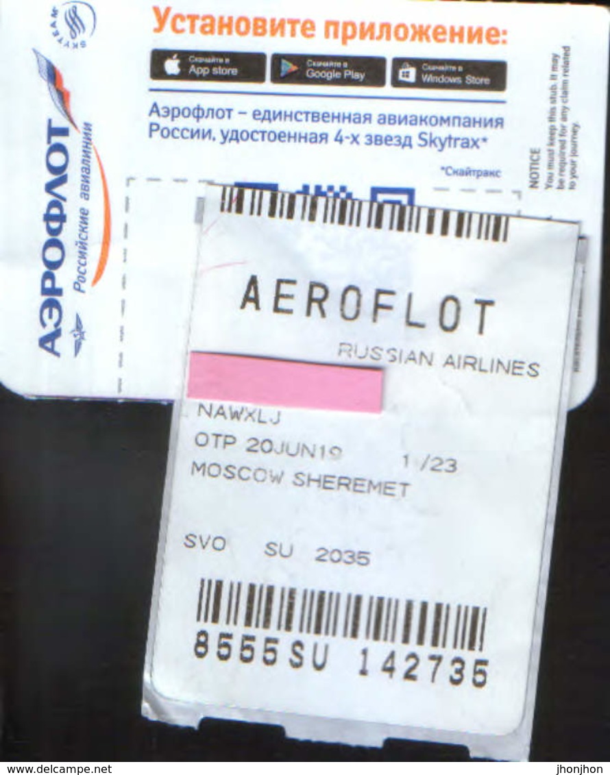 Russian Airlines Aeroflot Boarding Pass - Bucharest Otopeni To Moscow Sheremetievo  - 2/scans - Tarjetas De Embarque