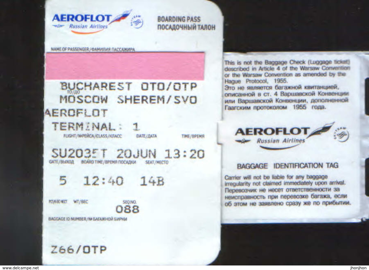 Russian Airlines Aeroflot Boarding Pass - Bucharest Otopeni To Moscow Sheremetievo  - 2/scans - Tarjetas De Embarque