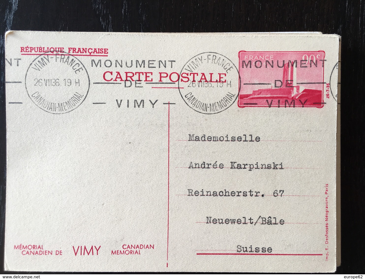 1936 Vimy Canadian Mémorial Entier Postal 1 - Lettres & Documents