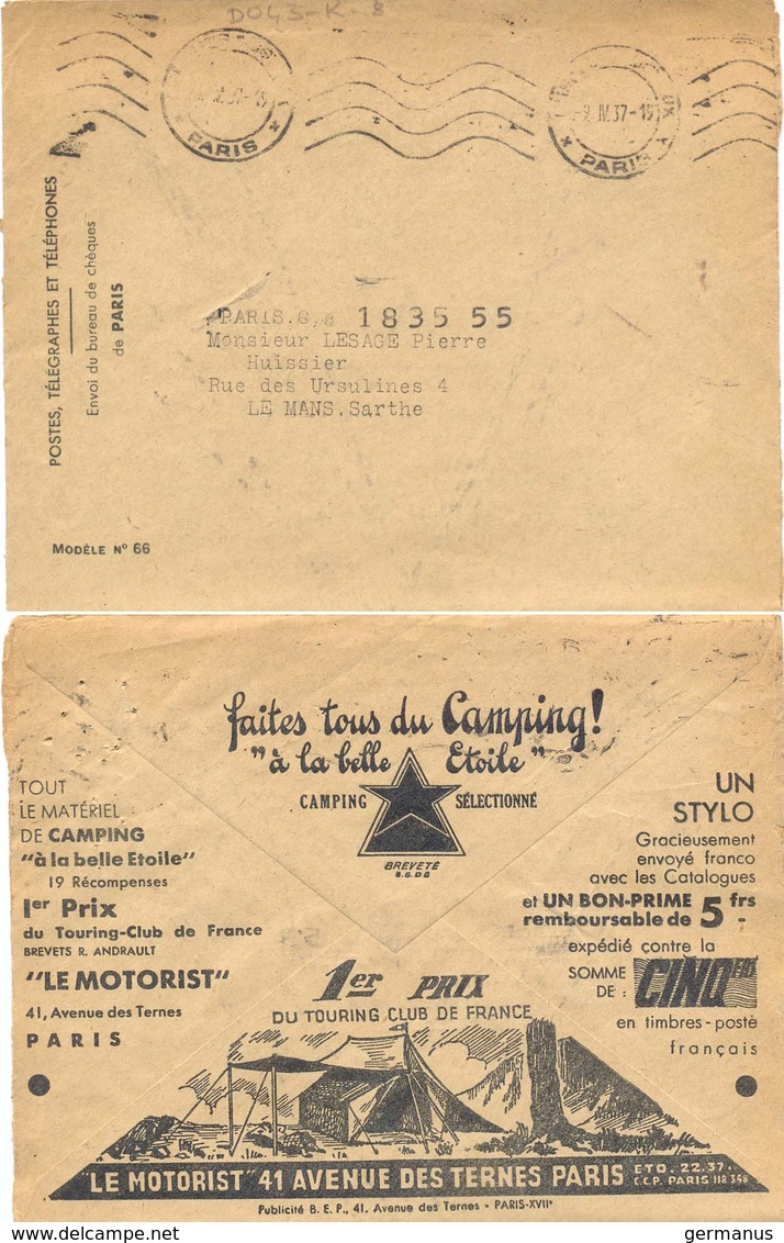 N° 66 CHEQUES POSTAUX * PARIS * OMec KRAG 9.IV.37 Avec PUB Au Verso : Faites Tous Du Camping ! " à La Belle Etoile" - Documenten Van De Post