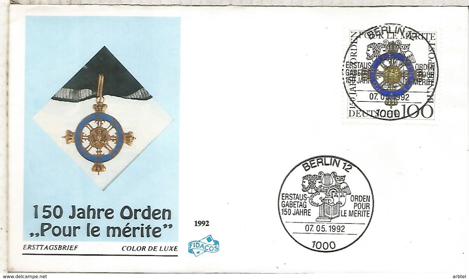 ALEMANIA FDC 1992 BERLIN 150 AÑOS ORDEN POUR LE MERITE  MILITAR WAR - Militares