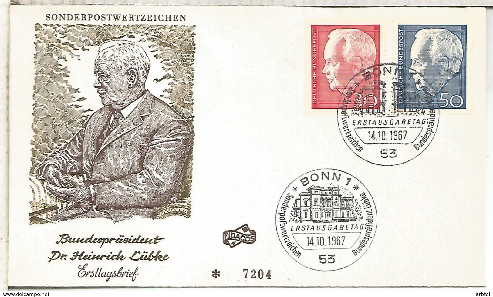 ALEMANIA FDC 1967 PRESIDENTE LUBCKE - Otros & Sin Clasificación