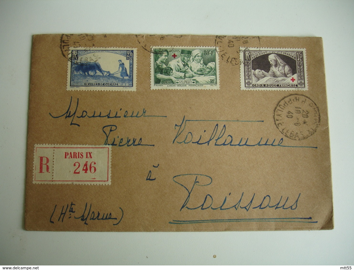Lettre  Pour Poissons 1940 2 Timbre Croix Rouge Yt 459 Et 460 Plus 457 Recommande - 1921-1960: Période Moderne