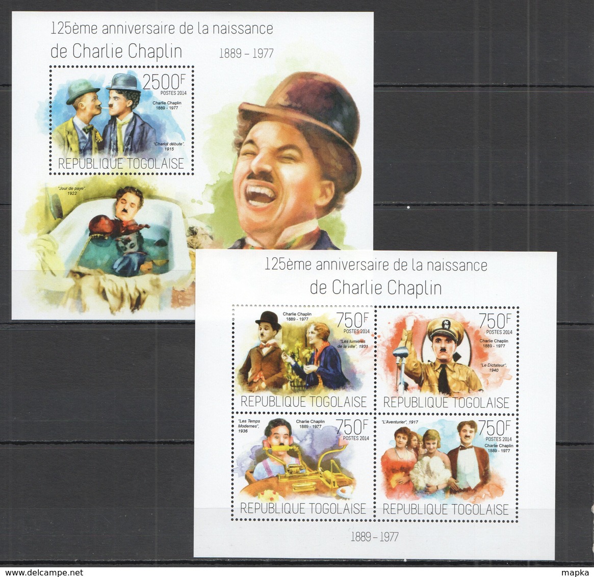 SS232 2014 TOGO CINEMA FAMOUS PEOPLE 125TH ANNIVERSARY CHARLIE CHAPLIN KB+BL MNH - Acteurs