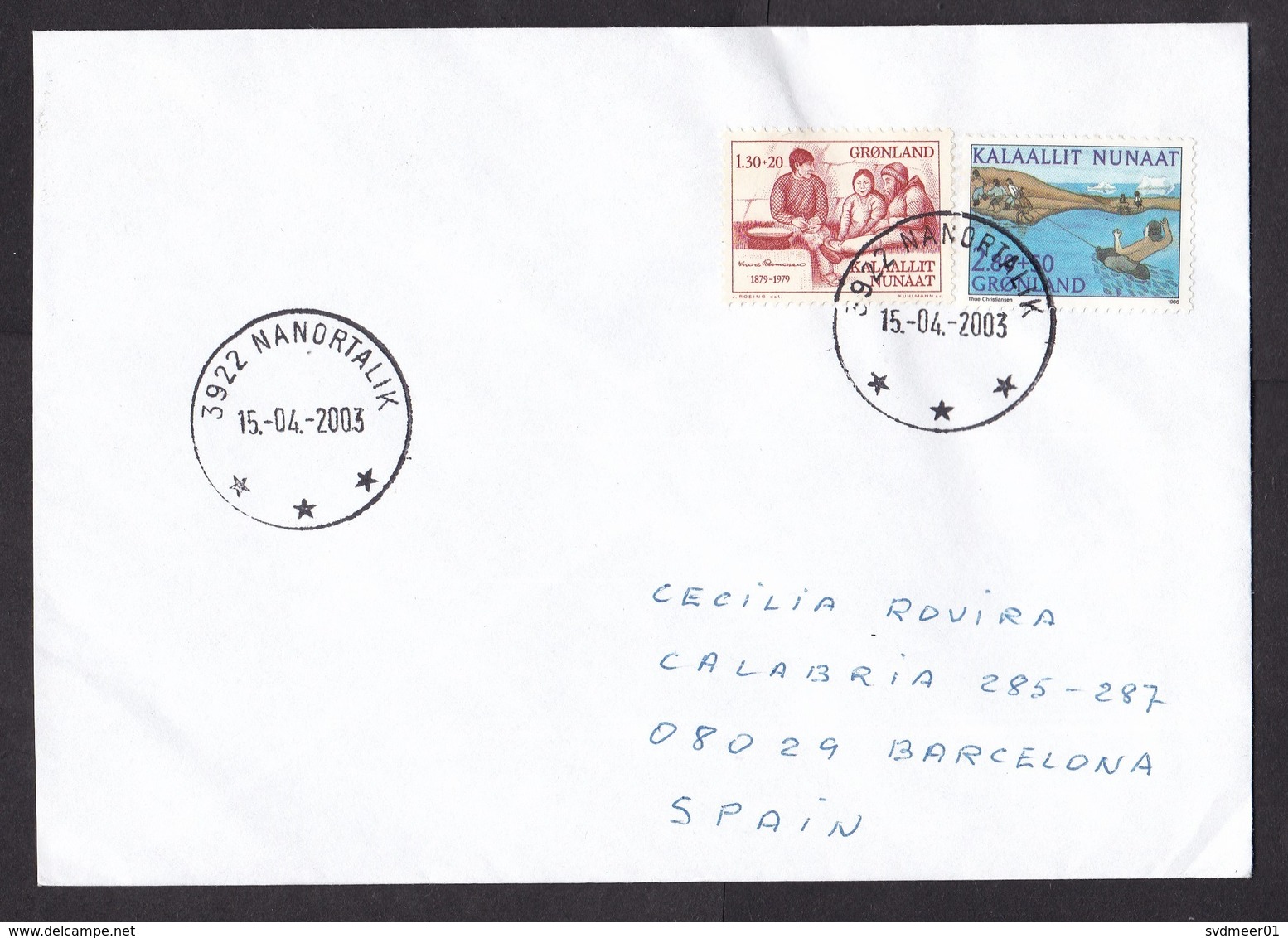 Greenland: Cover To Spain, 2003, 2 Charity Stamps, Rare Cancel Nanortalik (traces Of Use) - Storia Postale