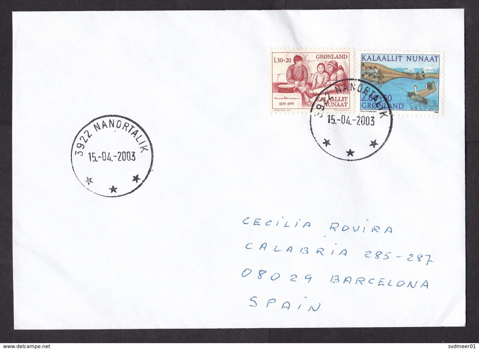 Greenland: Cover To Spain, 2003, 2 Charity Stamps, Rare Cancel Nanortalik (traces Of Use) - Brieven En Documenten