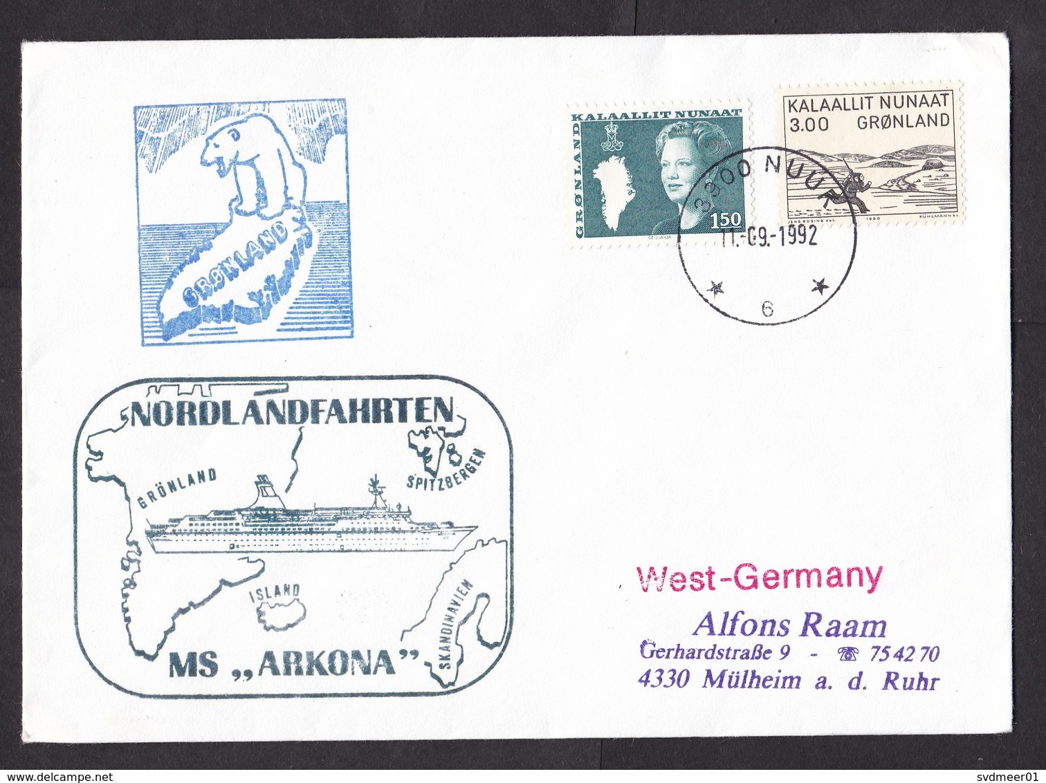 Greenland: Cover Nuuk To Germany, 1992, 2 Stamps, Ship Cancel Ferry Nordlandfahrten MS Arkona (traces Of Use) - Brieven En Documenten