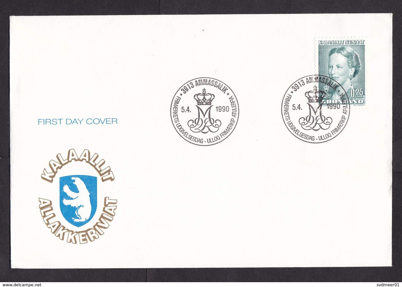 Greenland: FDC First Day Cover, 1990, 1 Stamp, Queen Of Denmark, Royalty (minor Crease) - Brieven En Documenten