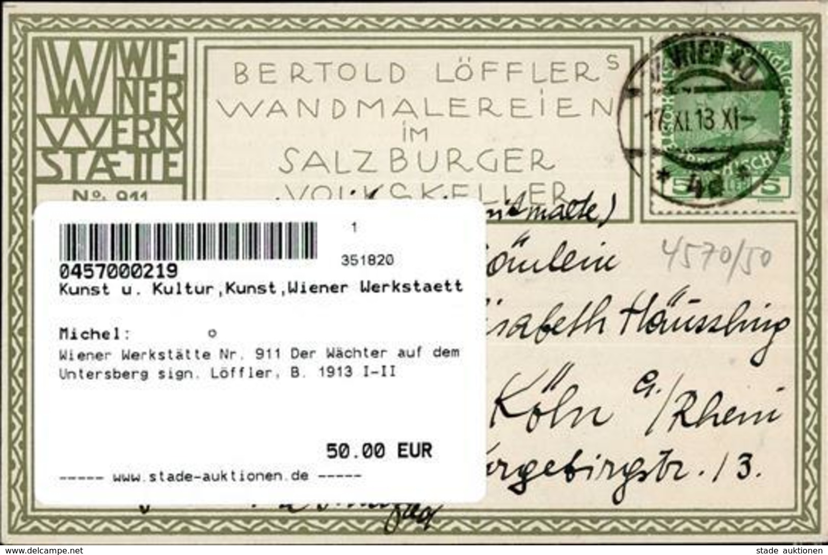 Wiener Werkstätte 911 Der Wächter Auf Dem Untersberg Sign. Löffler, B. 1913 I-II - Wiener Werkstaetten