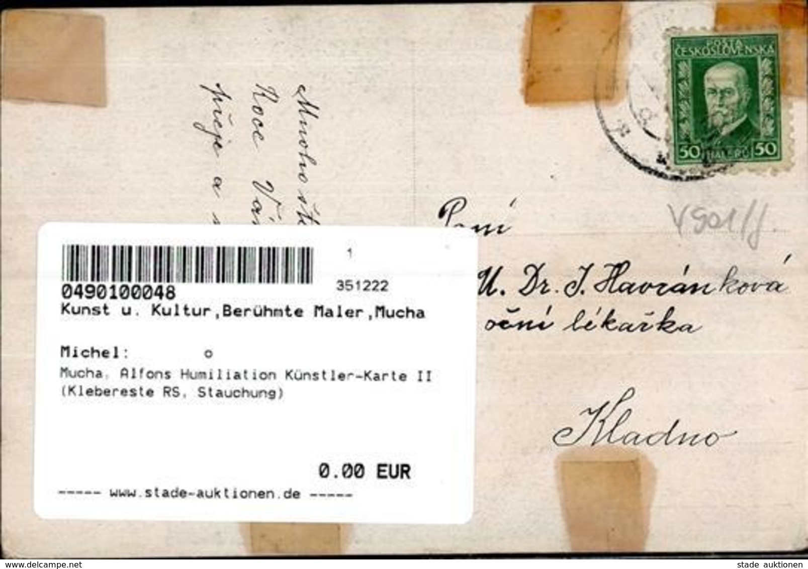 Mucha, Alfons Humiliation Künstler-Karte II (Klebereste RS, Stauchung) - Mucha, Alphonse