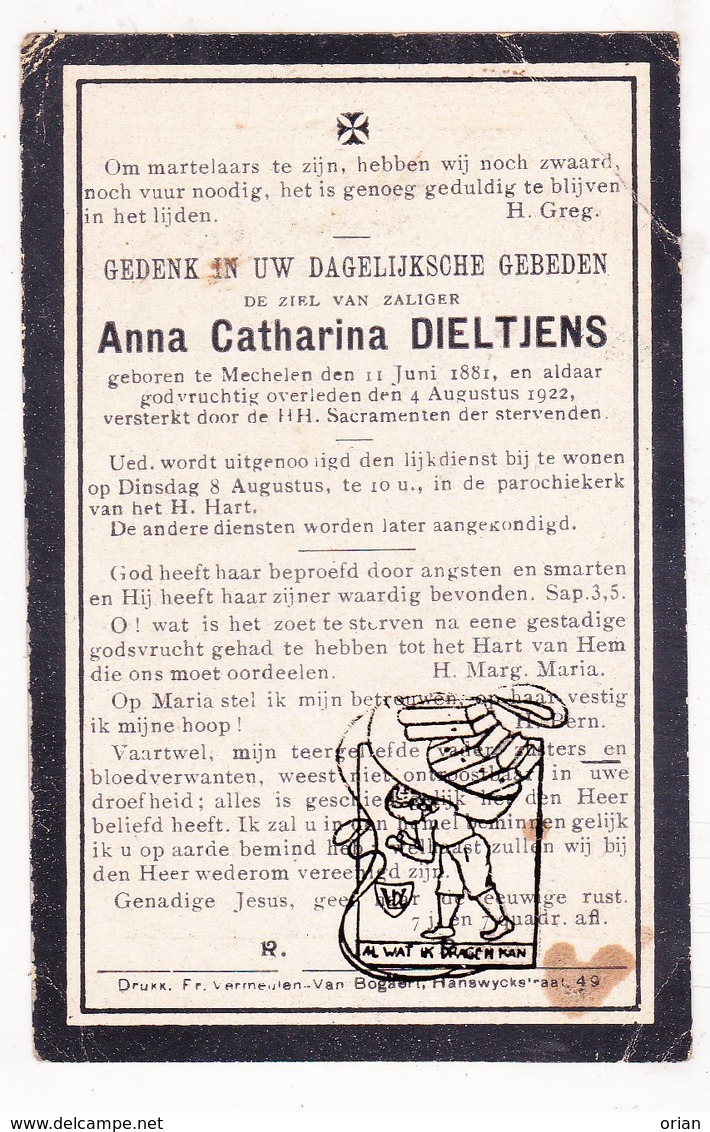 DP Anna Cath. Dieltjens Dieltiens ° Mechelen 1881 † 1922 - Images Religieuses